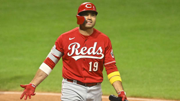 Sep 26, 2023; Cleveland, Ohio, USA; Cincinnati Reds designated hitter Joey Votto (19) reacts after striking out in the sixth inning against the Cleveland Guardians at Progressive Field. Mandatory Credit: David Richard-USA TODAY Sports 